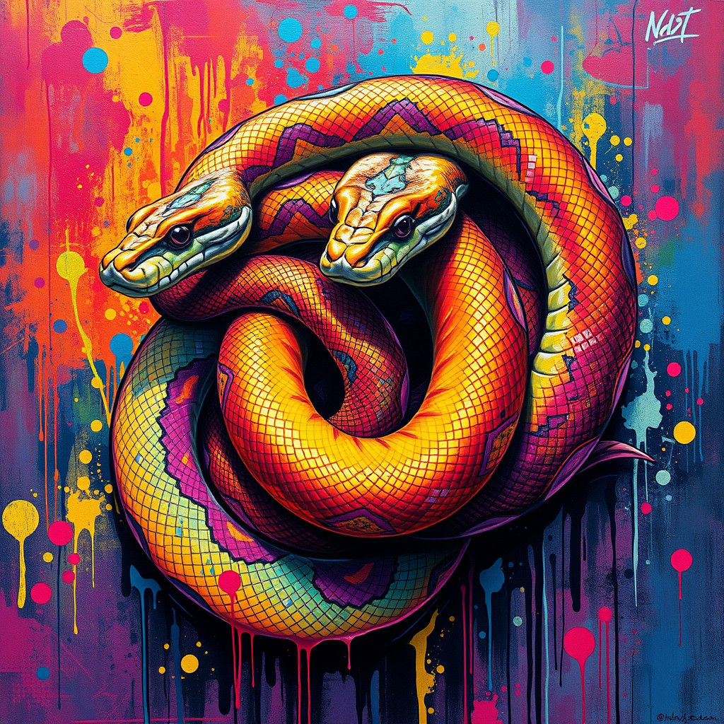 Entwined Snakes in Vibrant Graffiti Art Style