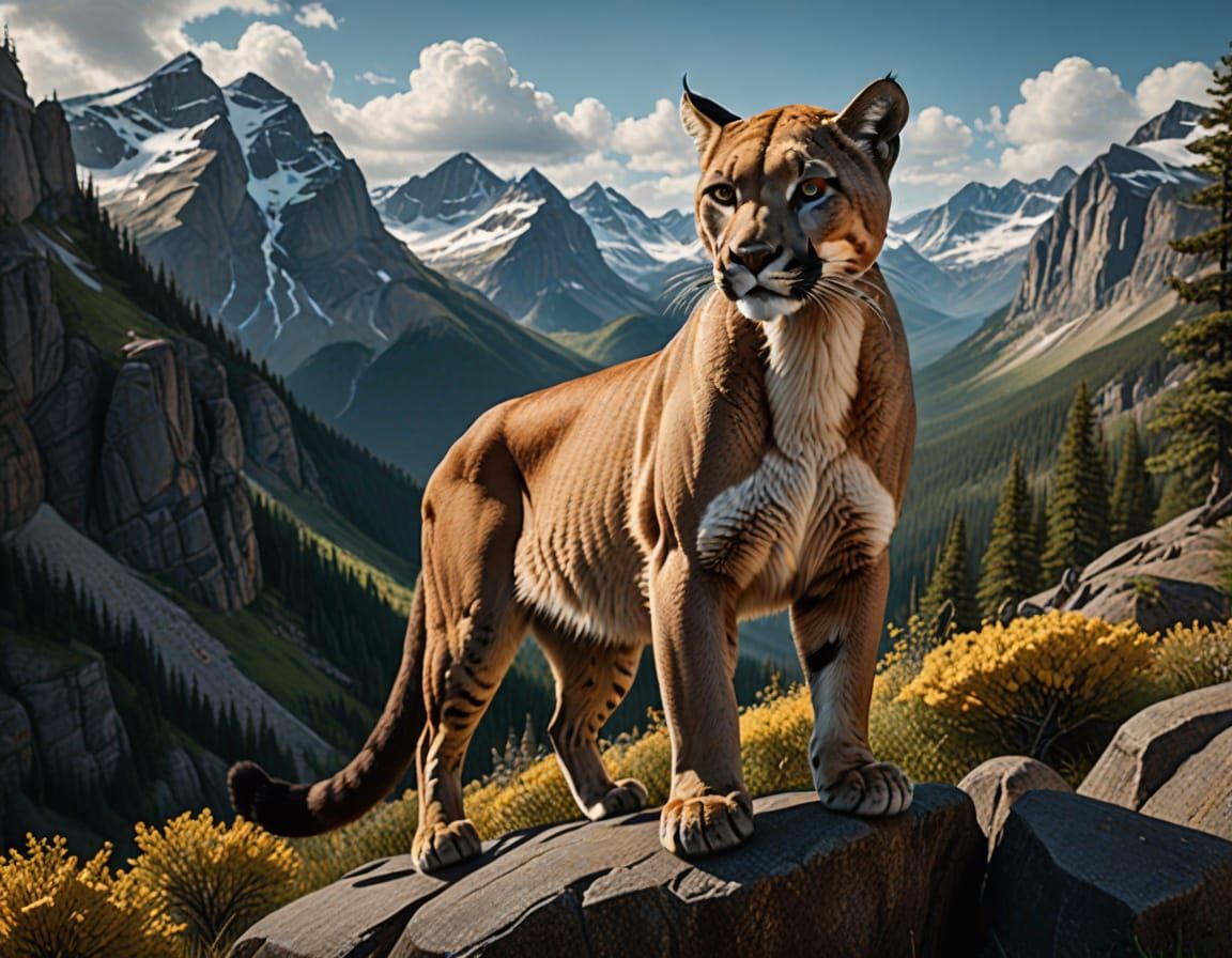 Puma Portrait in Rocky Mountains: Detailed Matte Painting