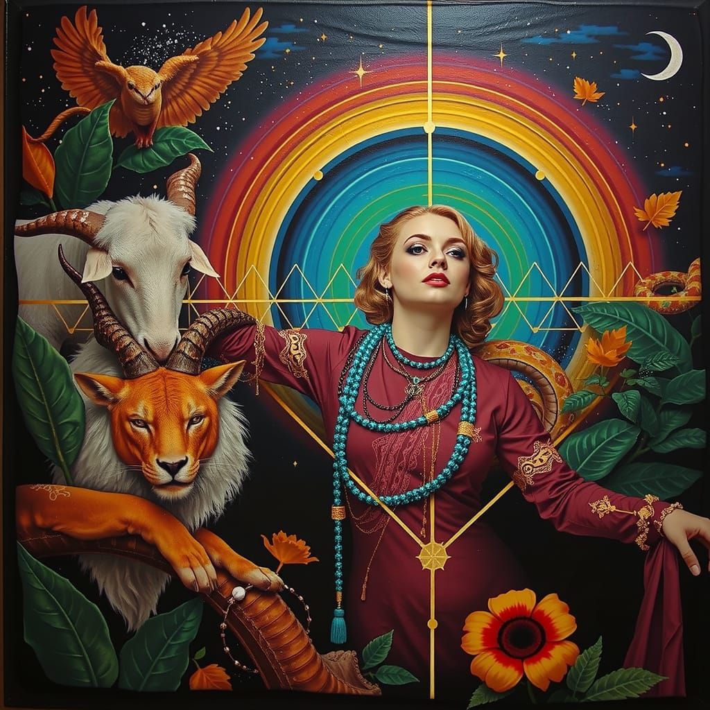 Mythical Chimera Creature with Teal Hair and Yellow Flower