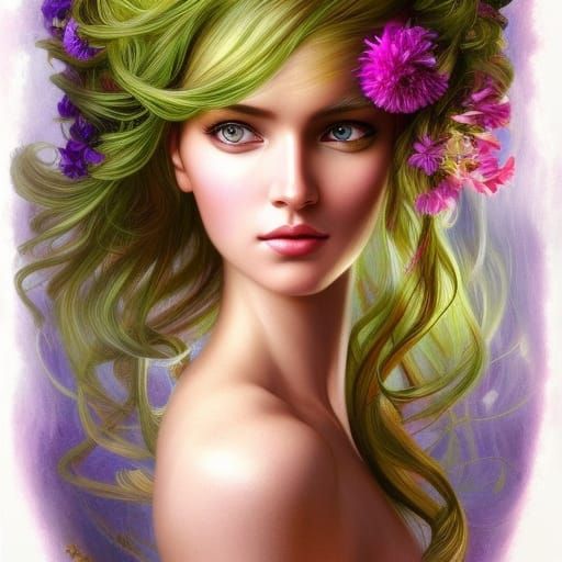 Hazel Haired Beauty with Flowers: Detailed Portrait