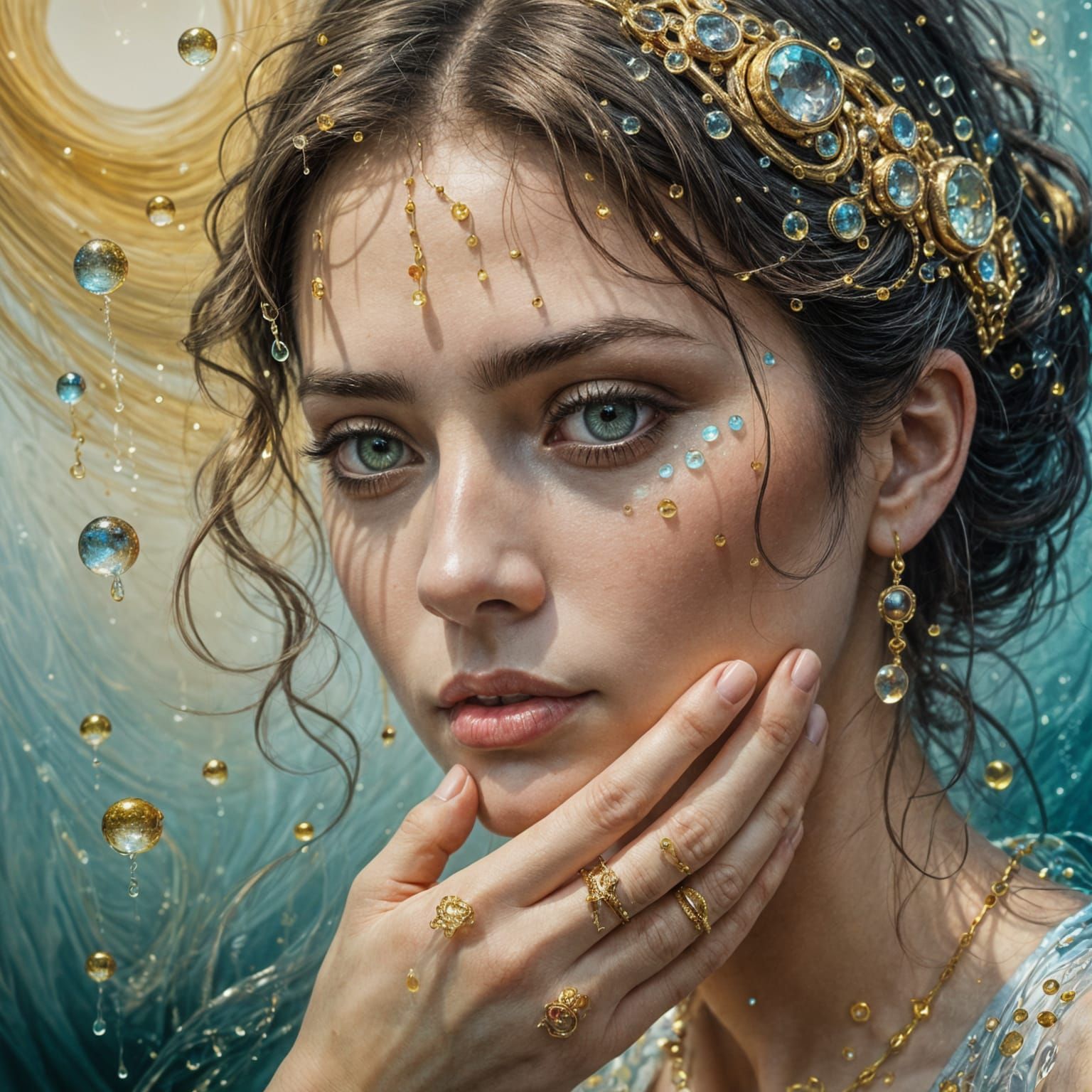 Abstract Surreal Hand with Gold Adornments and Water Droplet...