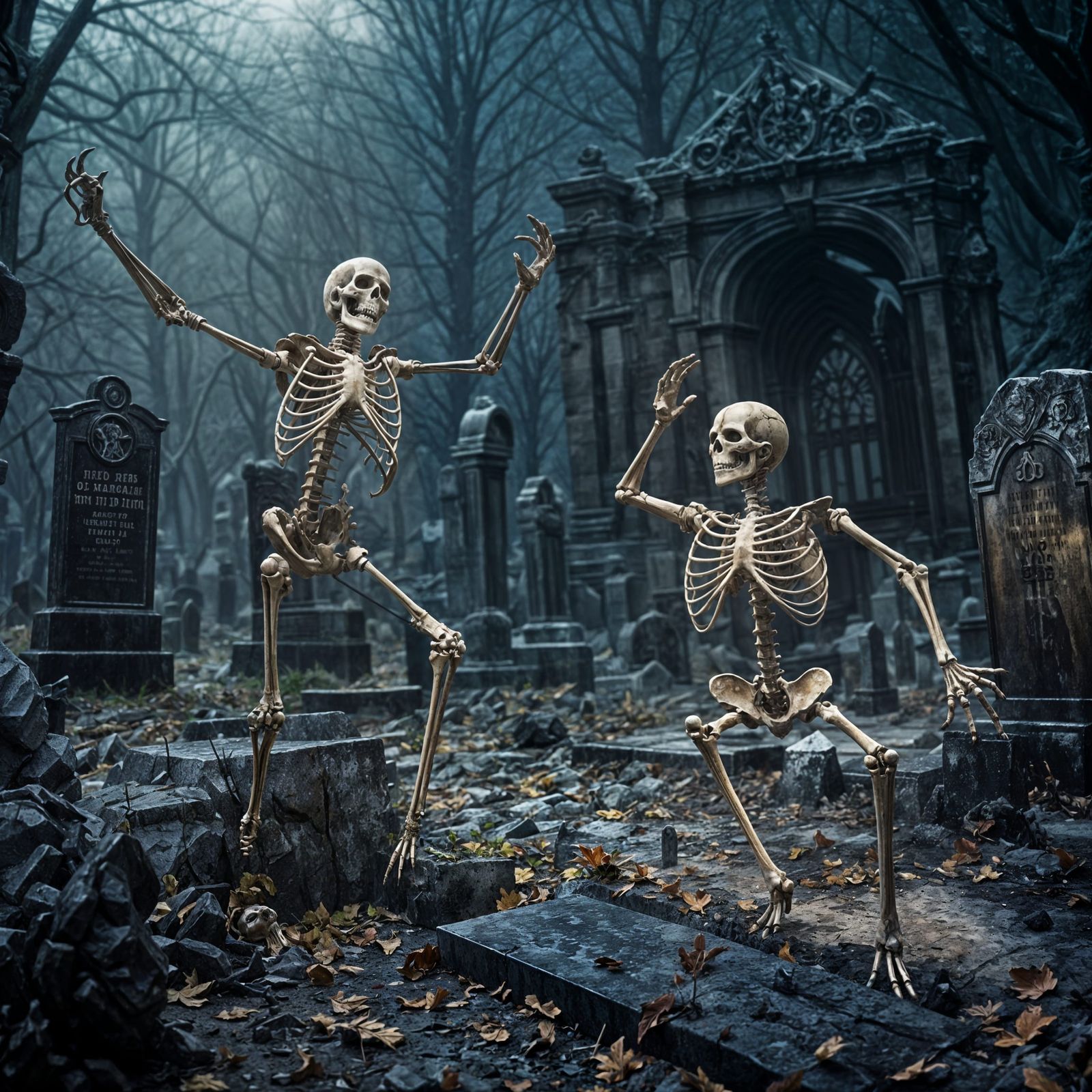 Dancing Skeletons in Graveyard: Dark Fantasy Art