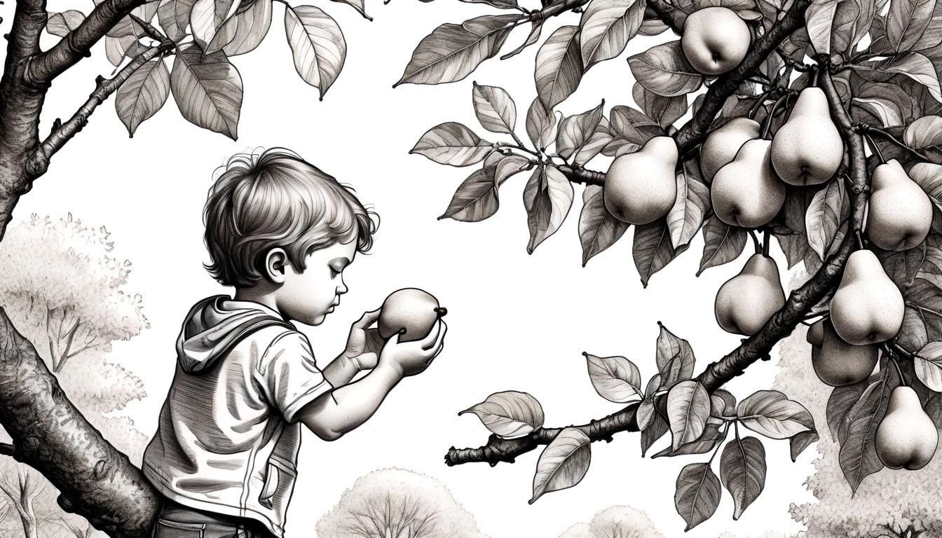 A Botanical ink drawing child picking a pear off a pear tree