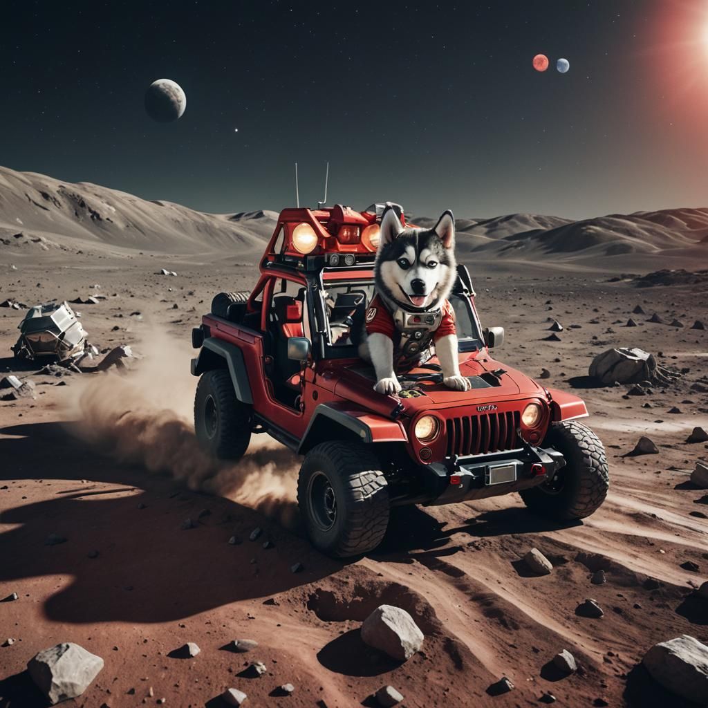 Husky Astronaut Drives Jeep Wrangler on the Moon
