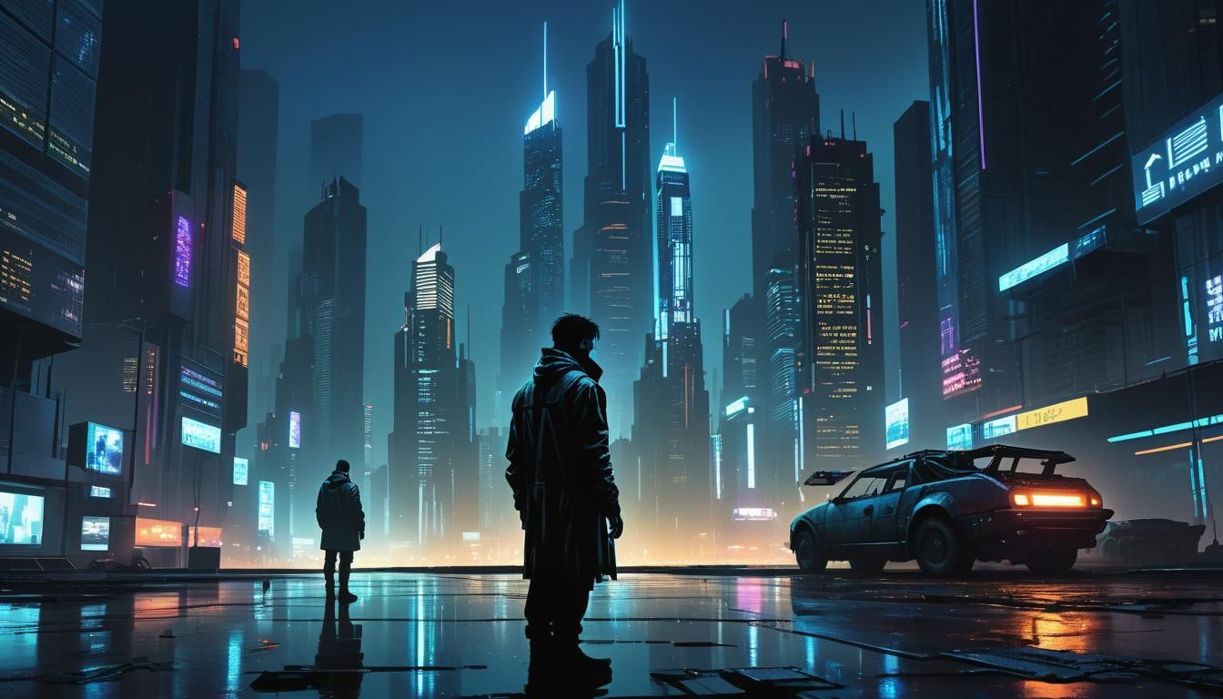 Dystopian Hacker Contemplates Reality in Cyberpunk Style