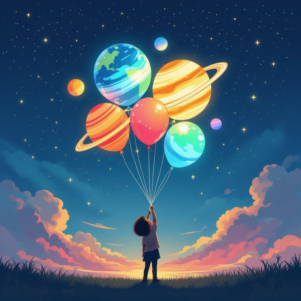 Child with Planet Balloons in Dreamlike Night Sky