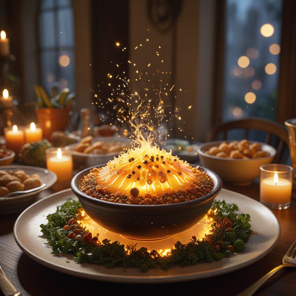Magical Food Table Set With Luminous Vapors