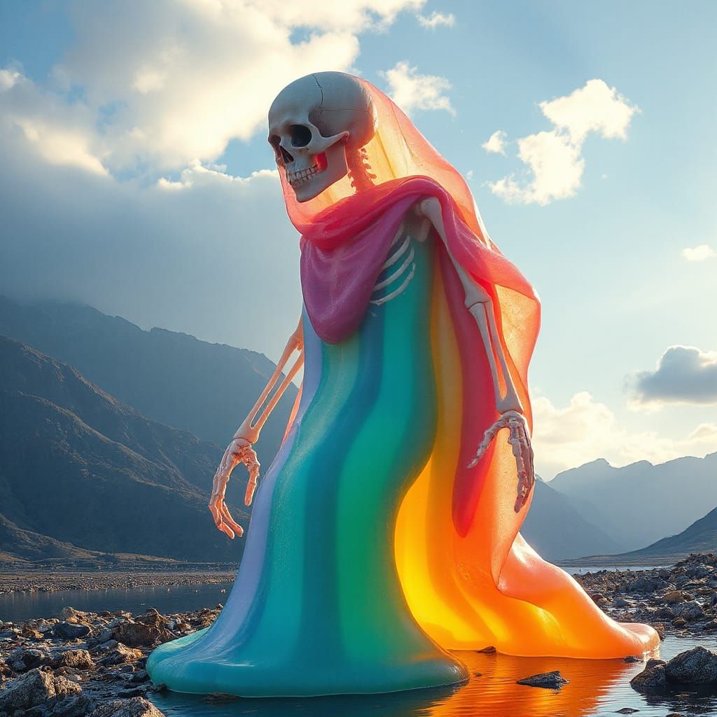 Giant Translucent Slime with Floating Skeleton in Mystical V...