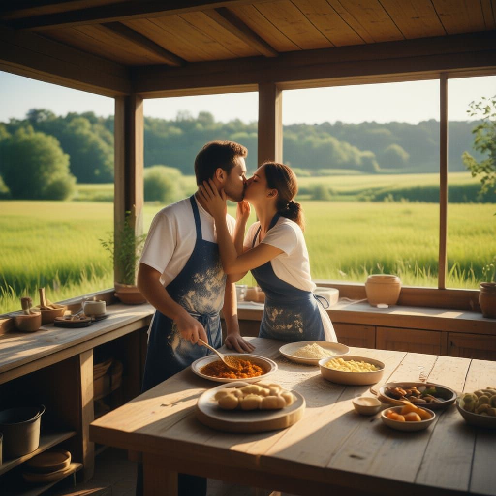 Couple's Tender Kitchen Embrace in Warm Sunlight