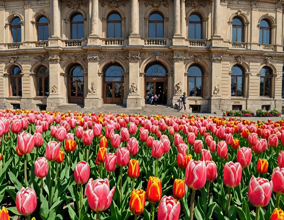 Lviv Opera House in Spring with Tulips