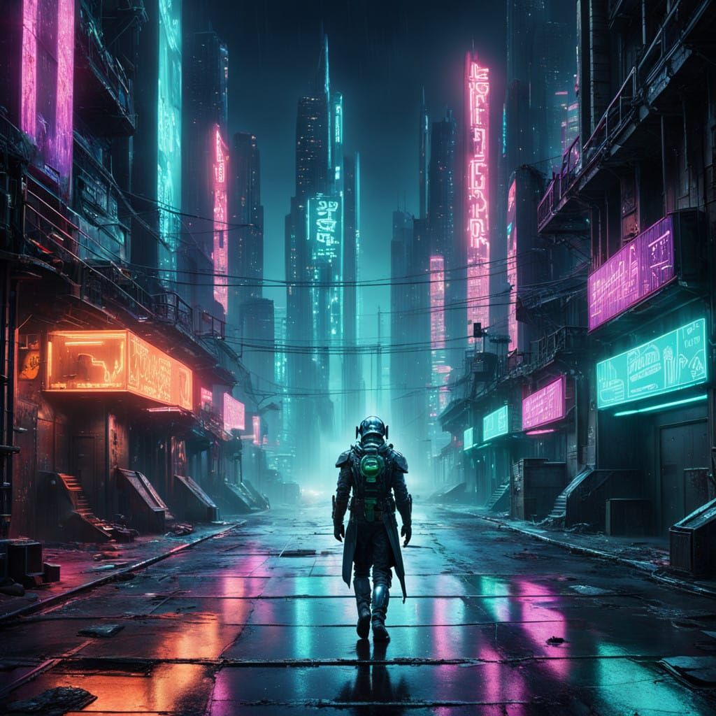 Cyberpunk Warrior Emerges from Neon Rain