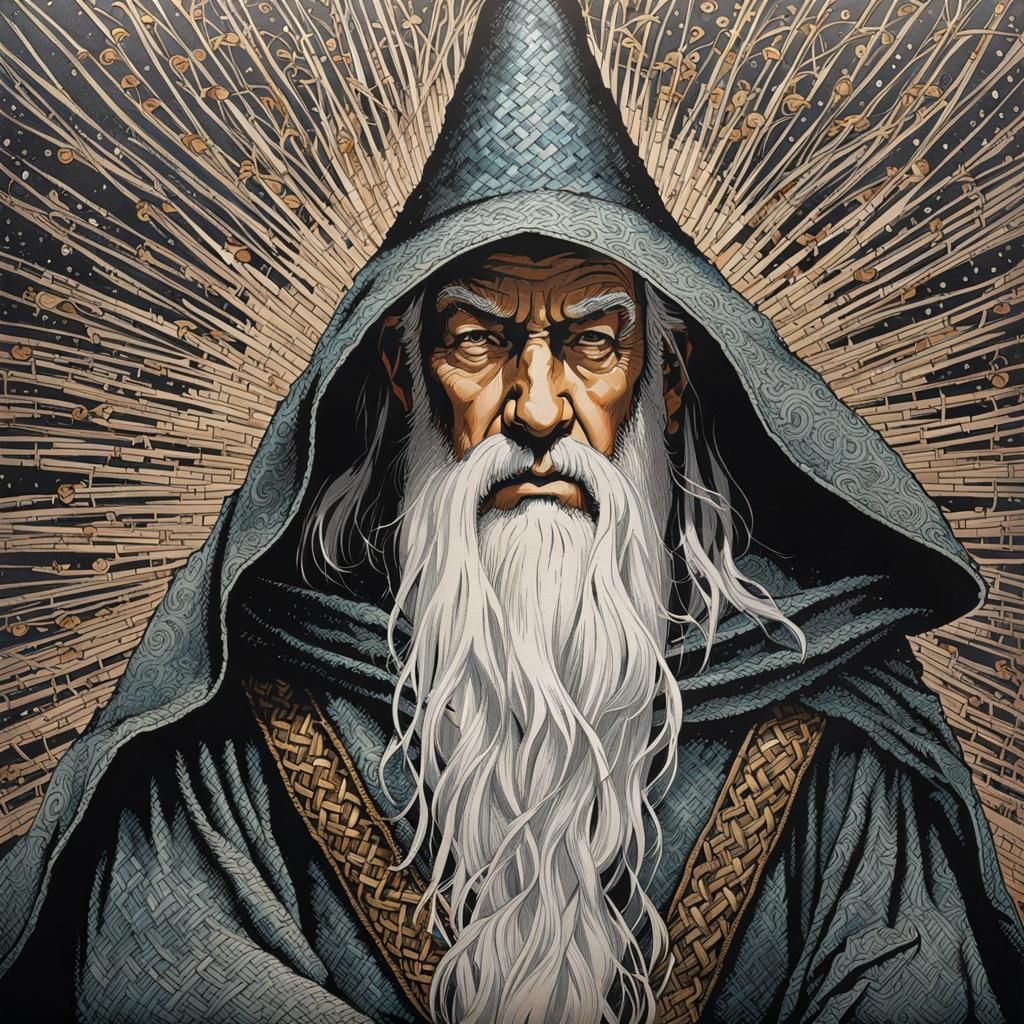 Gandalf in Bird's Eye Weave Robes: Detailed Ink Painting