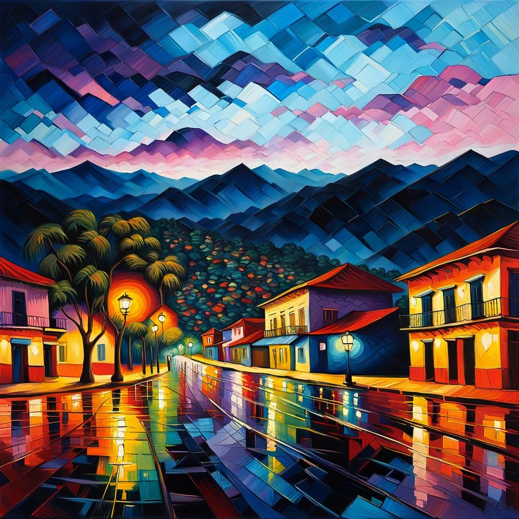 Colombian City at Sunset: Post-Impressionist Oil Painting