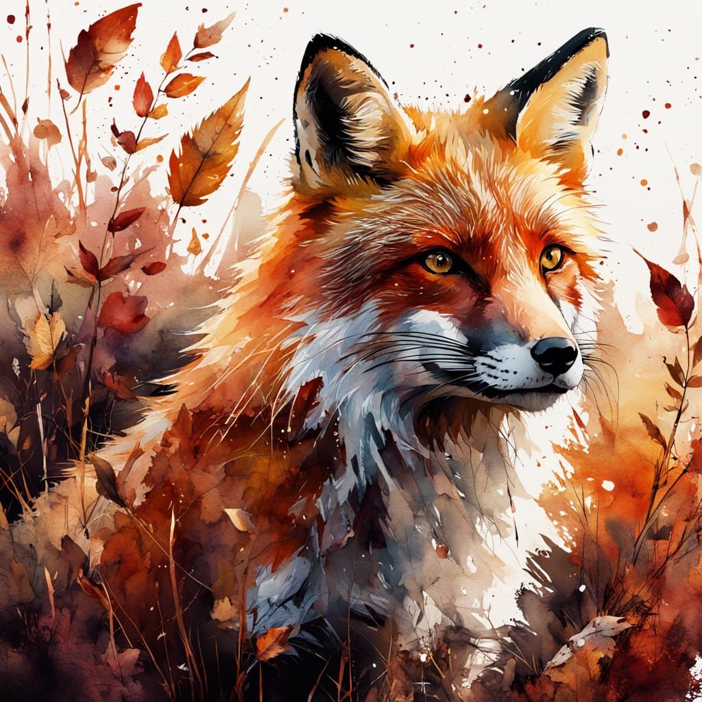 Vibrant Red Fox in Autumnal Thicket, Watercolor Style