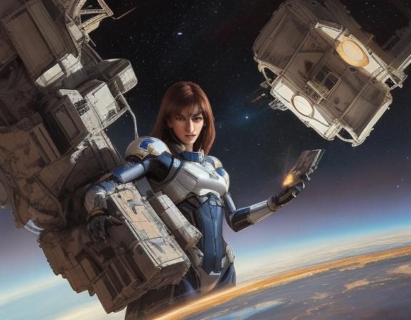 Android Woman in Space Station: Oil Painting Style