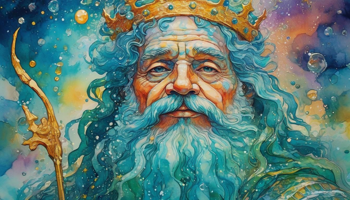 Ethereal God Neptune Holding Pisces Zodiac Sign in Whimsical...