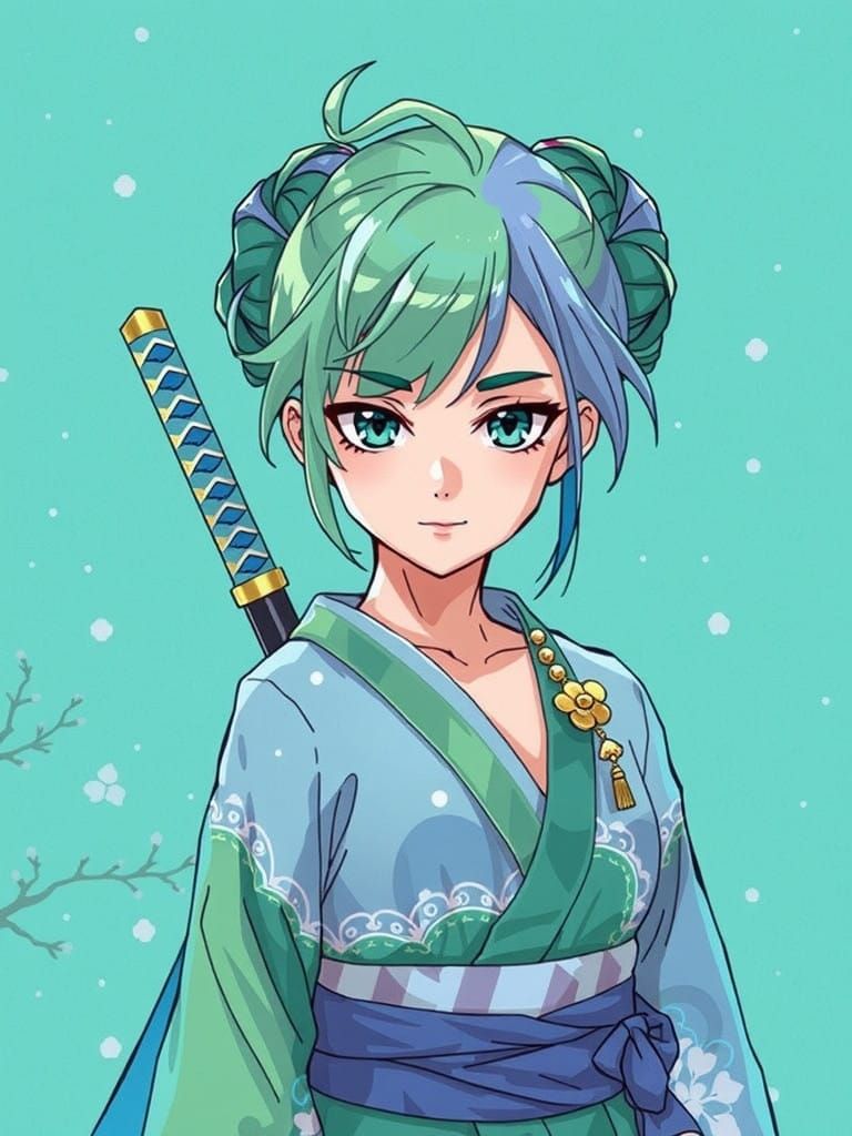 Anime Woman in Traditional Japanese Garden with Blue Katana