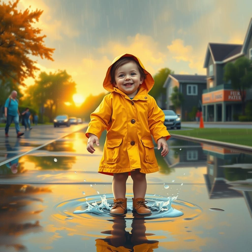 Child Splashing in Rainy Puddle, Impressionistic Style