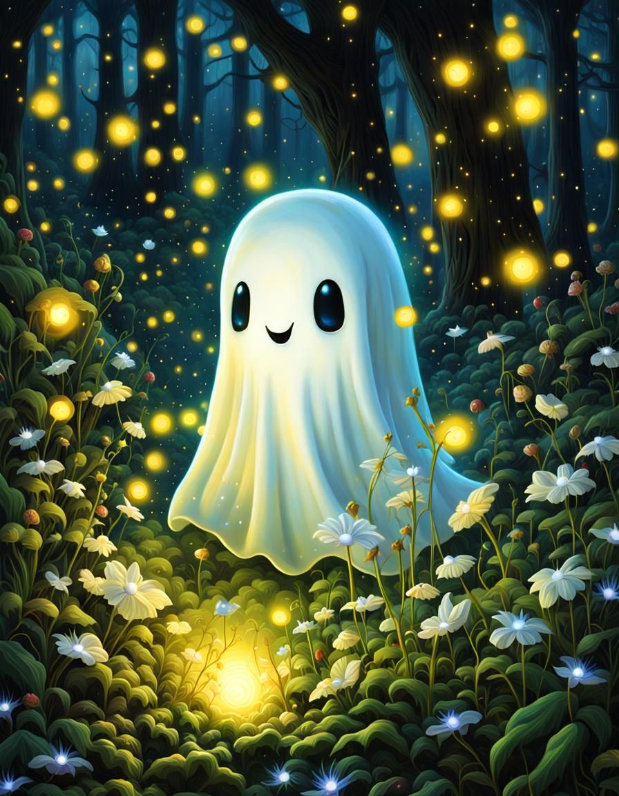 Glowing Ghost and Fireflies in Enchanted Forest