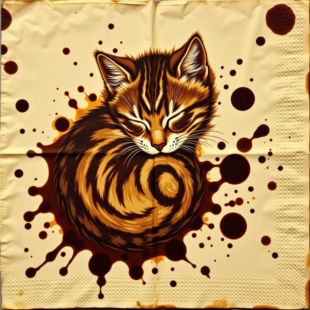 Dreamlike Coffee Stain Illusion of a Sleeping Kitten