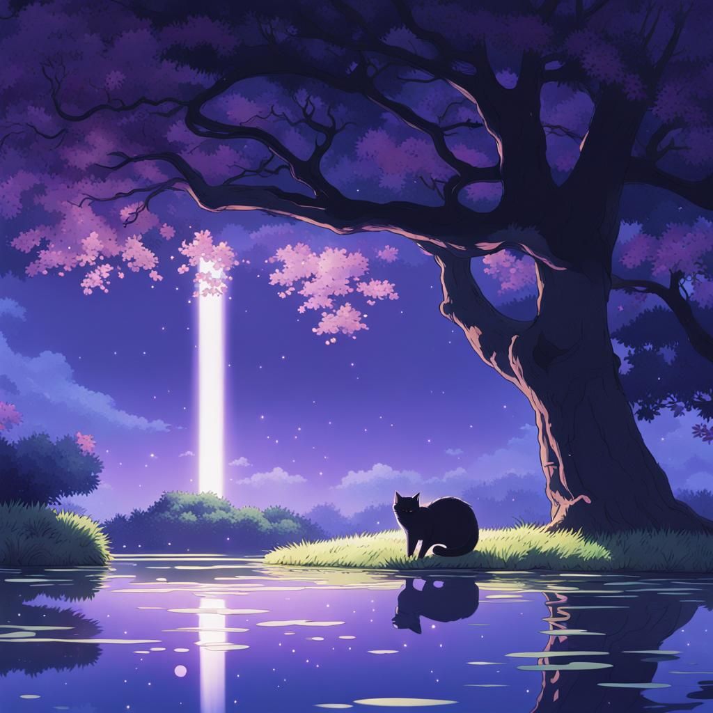 Cat Sleeping Under Tree in Ghibli Anime Style