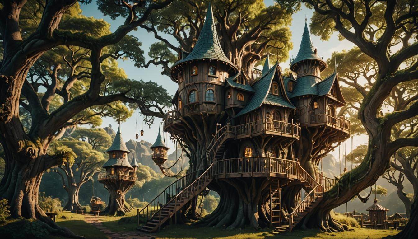 Enchanted Elf Treehouse with Towers in Cinematic Style