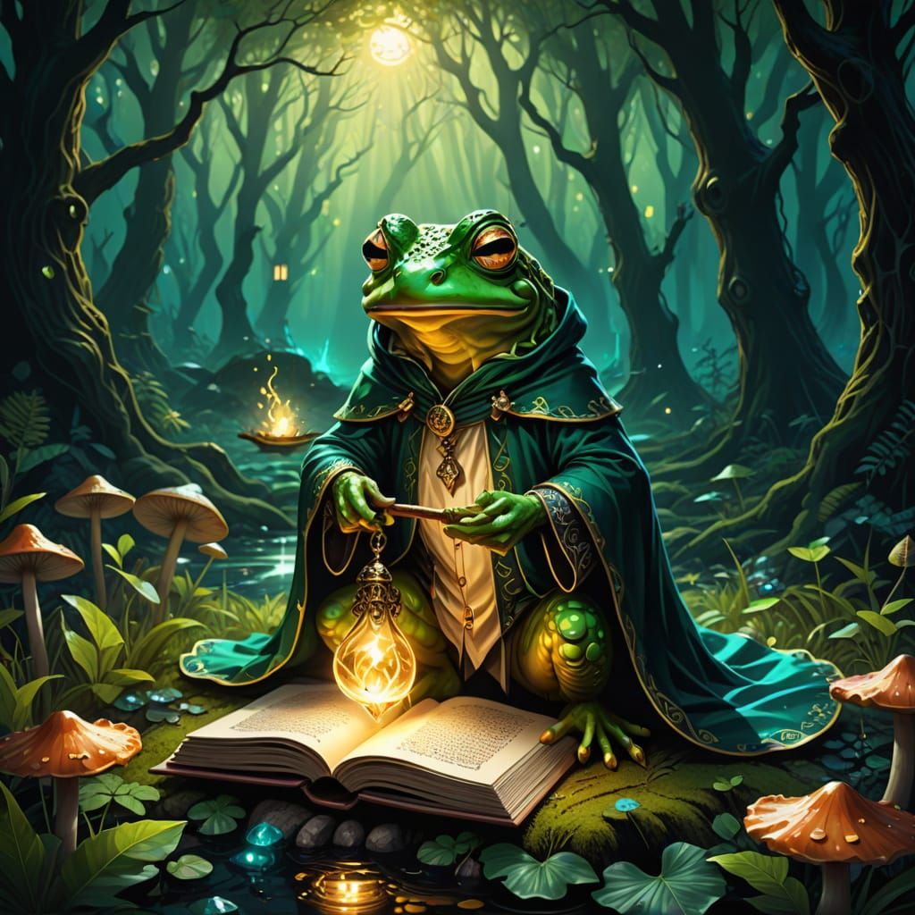 Wizard Frog with Glowing Staff in Enchanted Forest