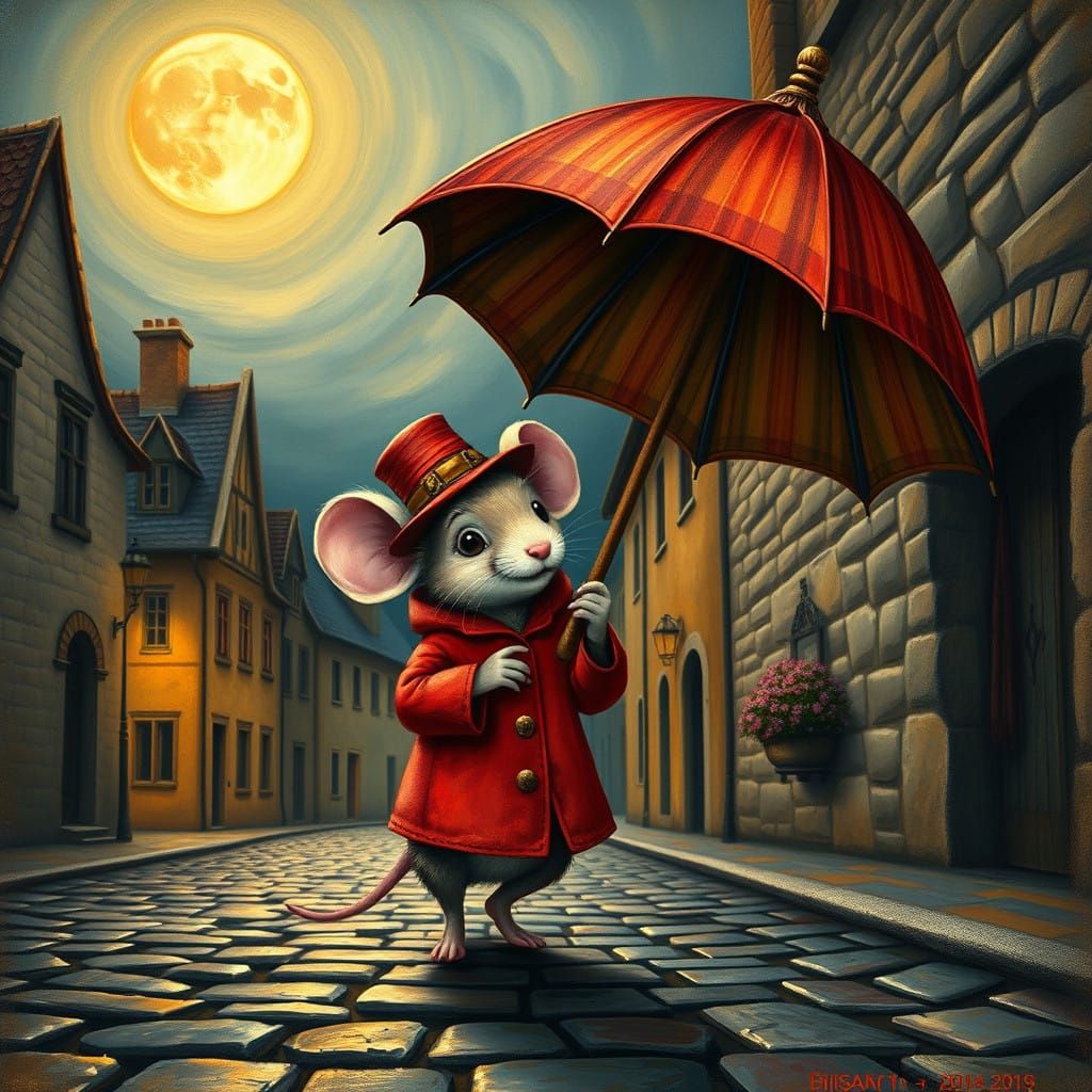 Whimsical Mouse in Bright Red Coat Under Moonlit Sky