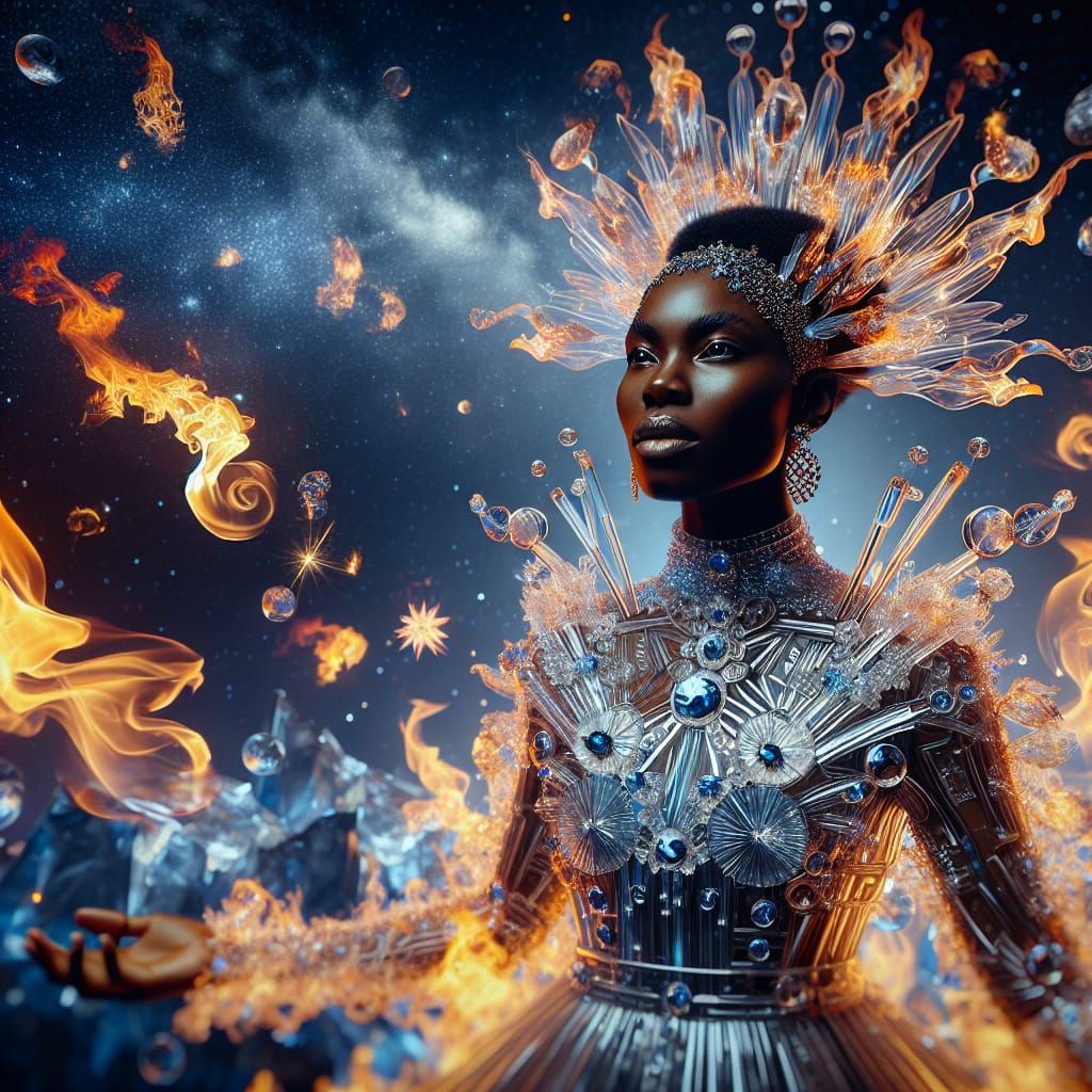 Confident Woman in Glass Dress Amidst Fiery Sky