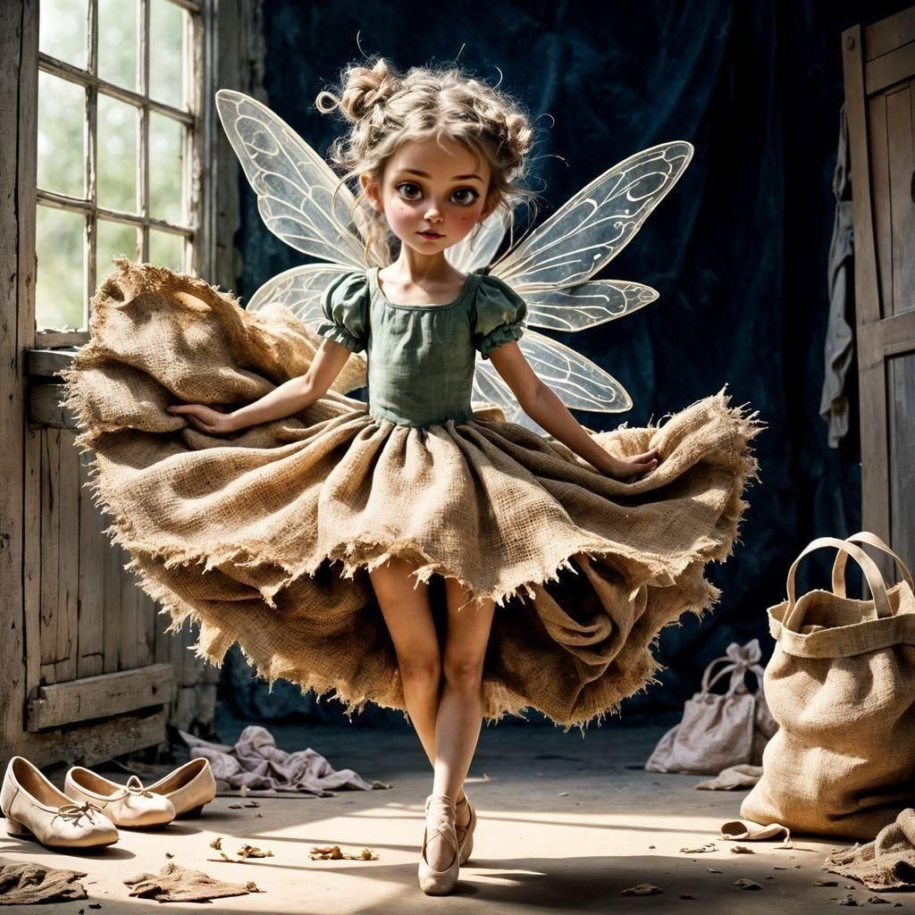 Distressed Fairy in Burlap Dress and Torn Slippers