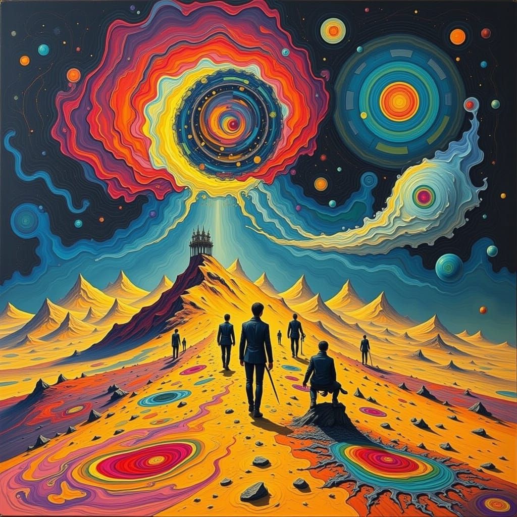 Psychedelic Sand People in Surreal Heavy Metal Landscape