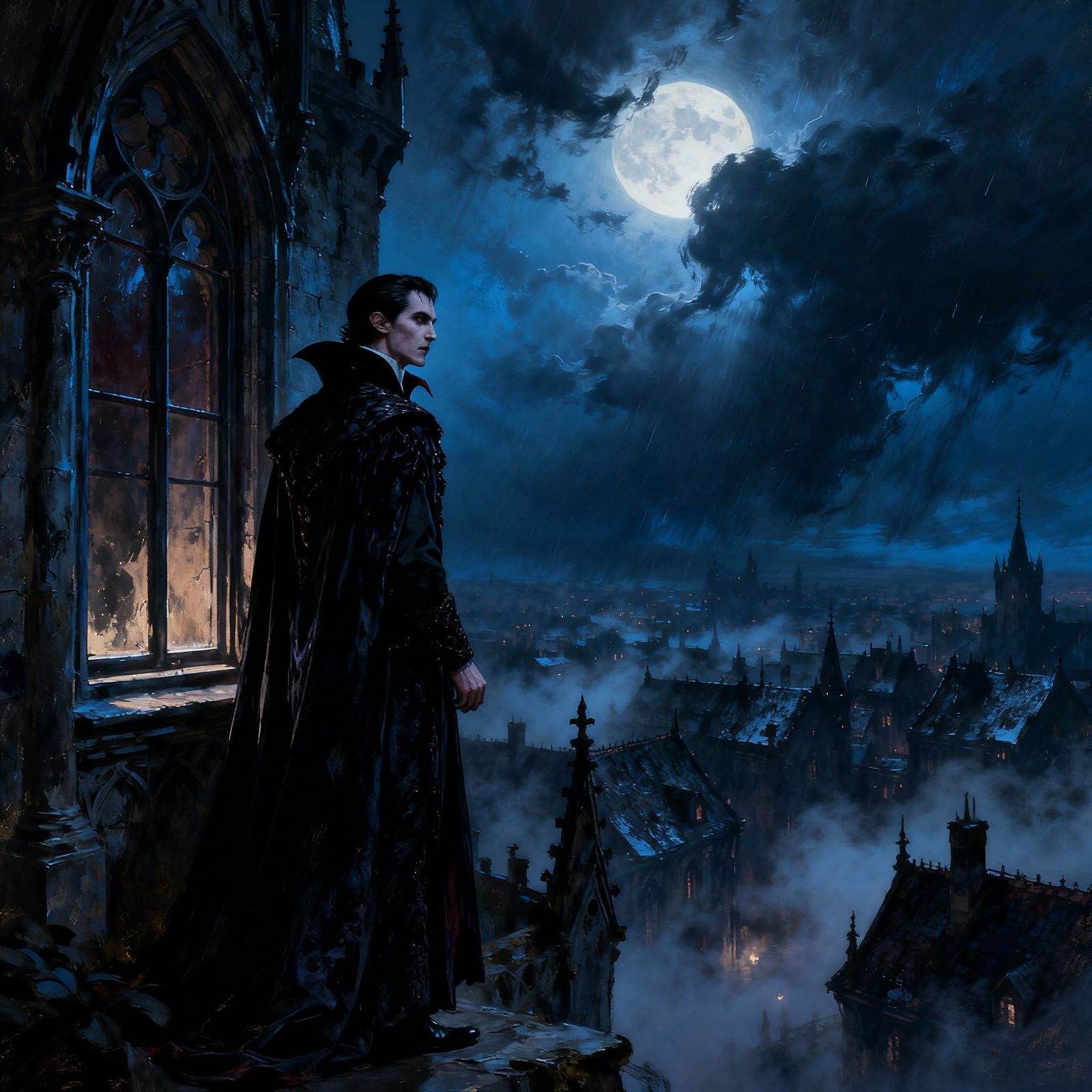 Gothic Vampire Gazes at Stormy City in Painterly Style