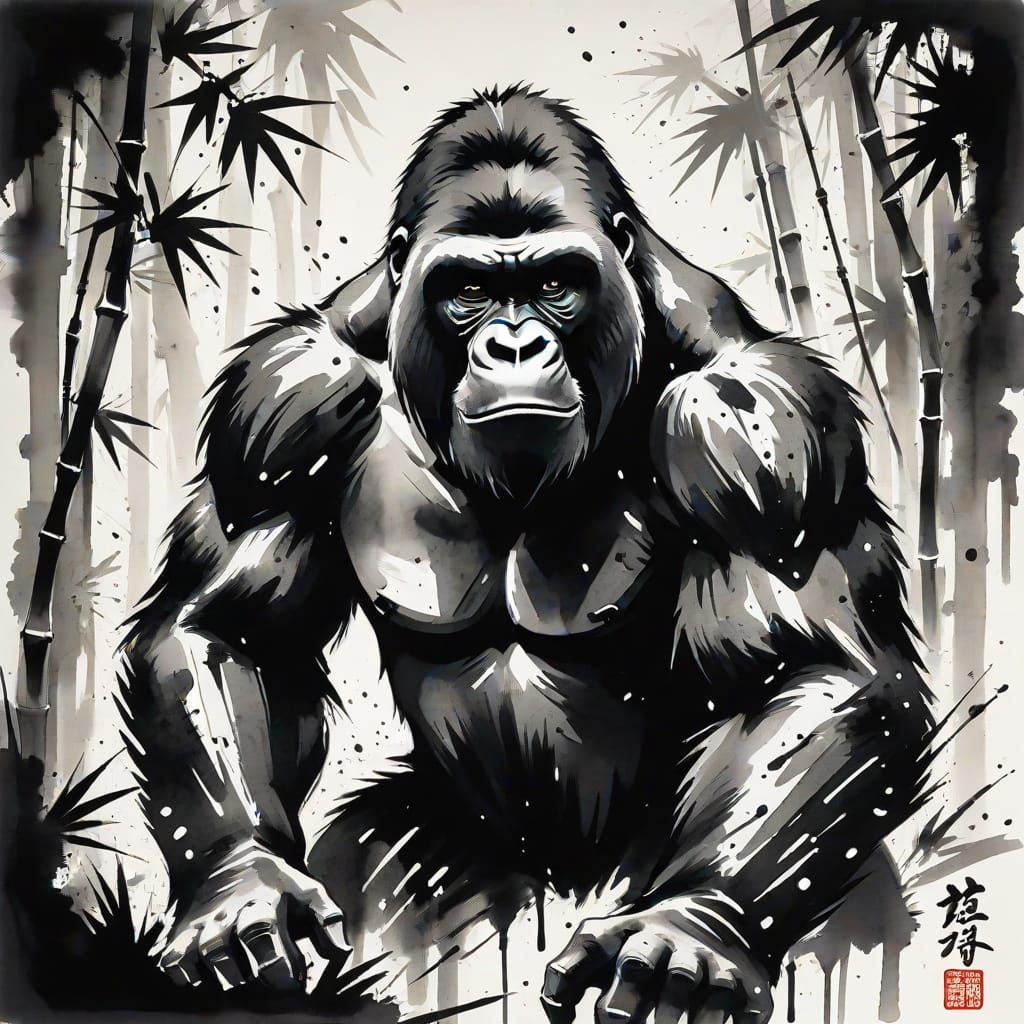 Raging Gorilla in Sumi-e Style Ink Painting