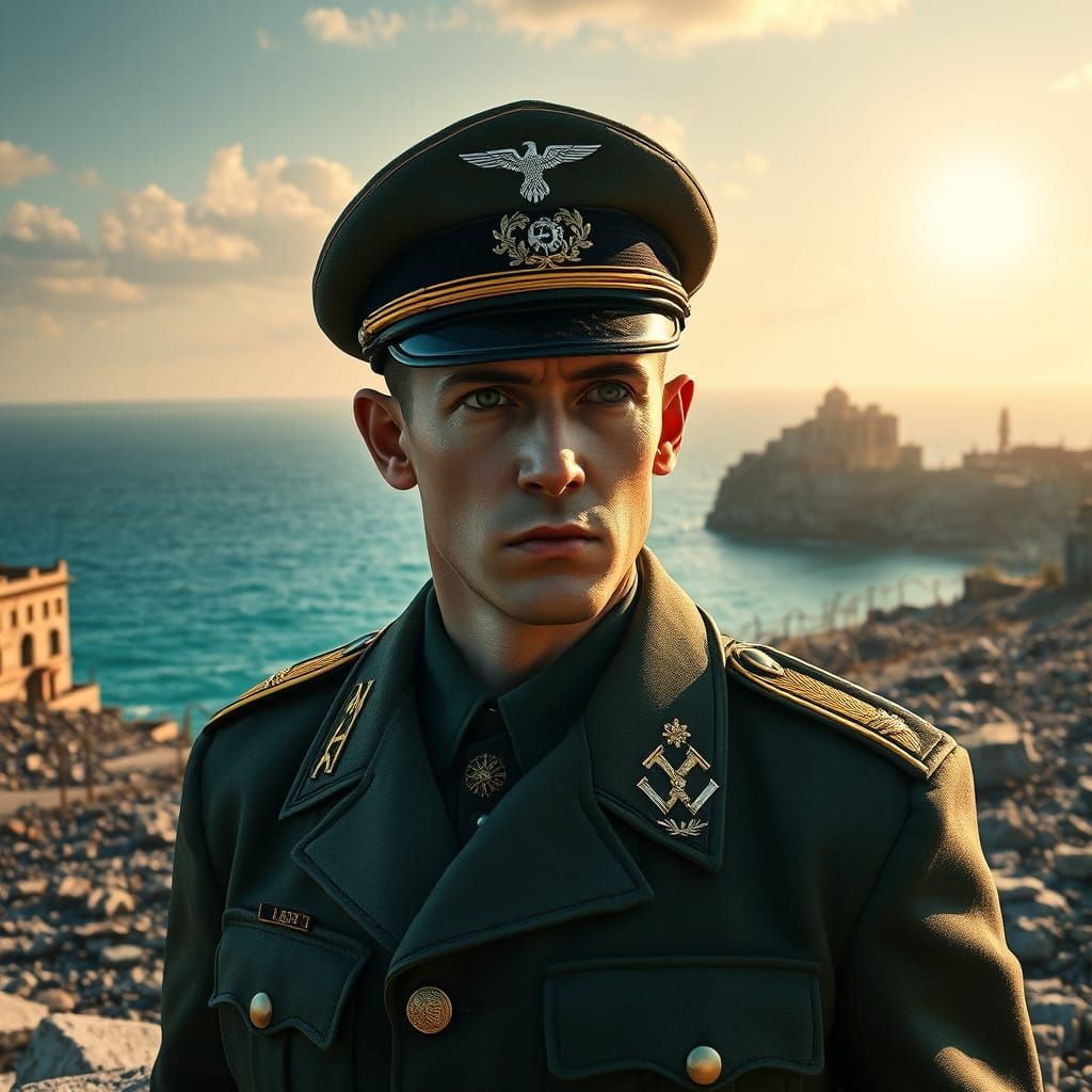 WW2 German General in Mediterranean Landscape, Cyberpunk Sty...