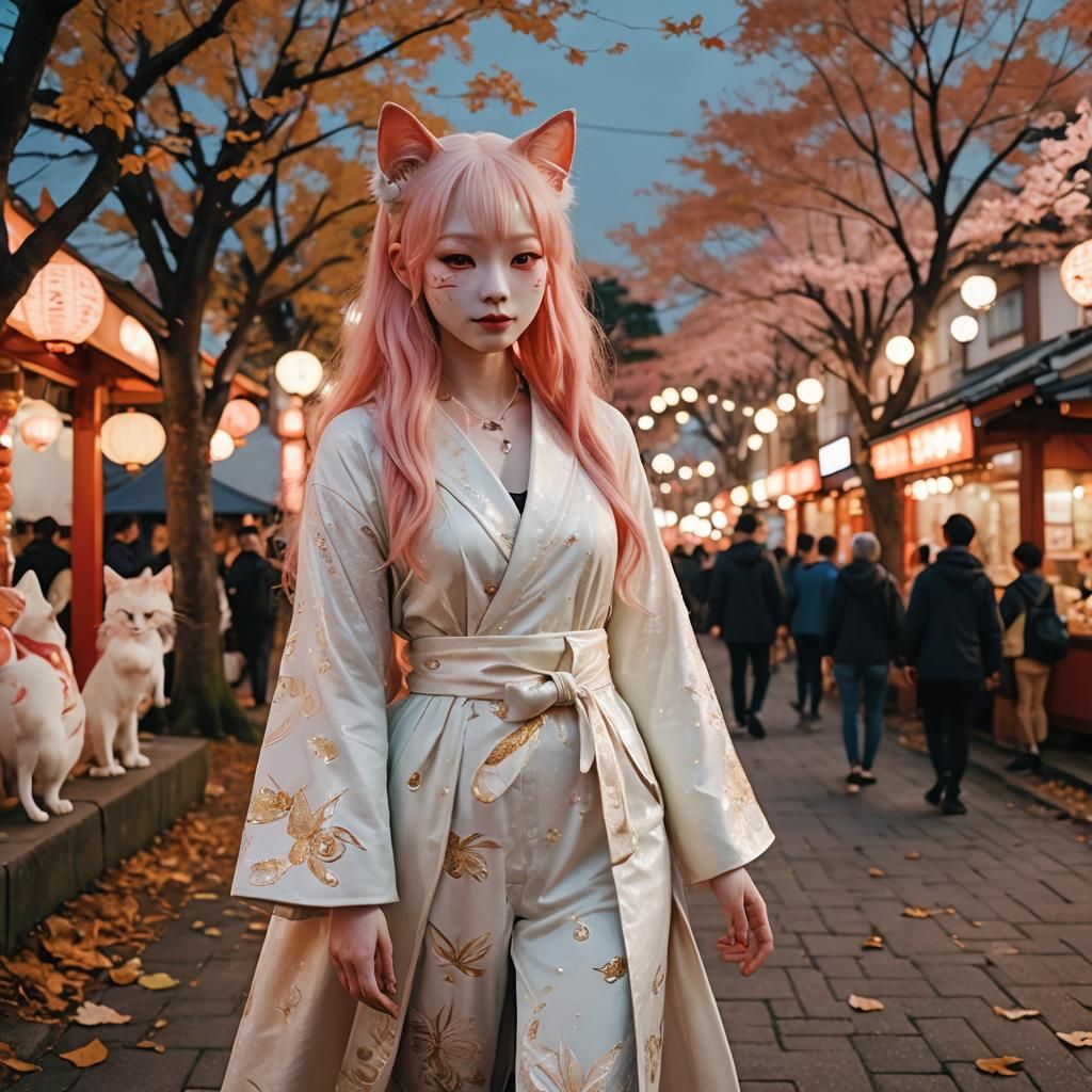 Albino Human-Feline Hybrid in Japanese Town Square