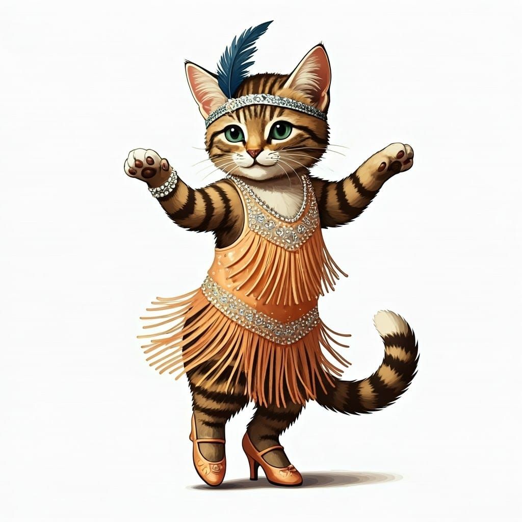 Style of Tenniel, a tabby kitten dressed as a flapper dancing the Charleston