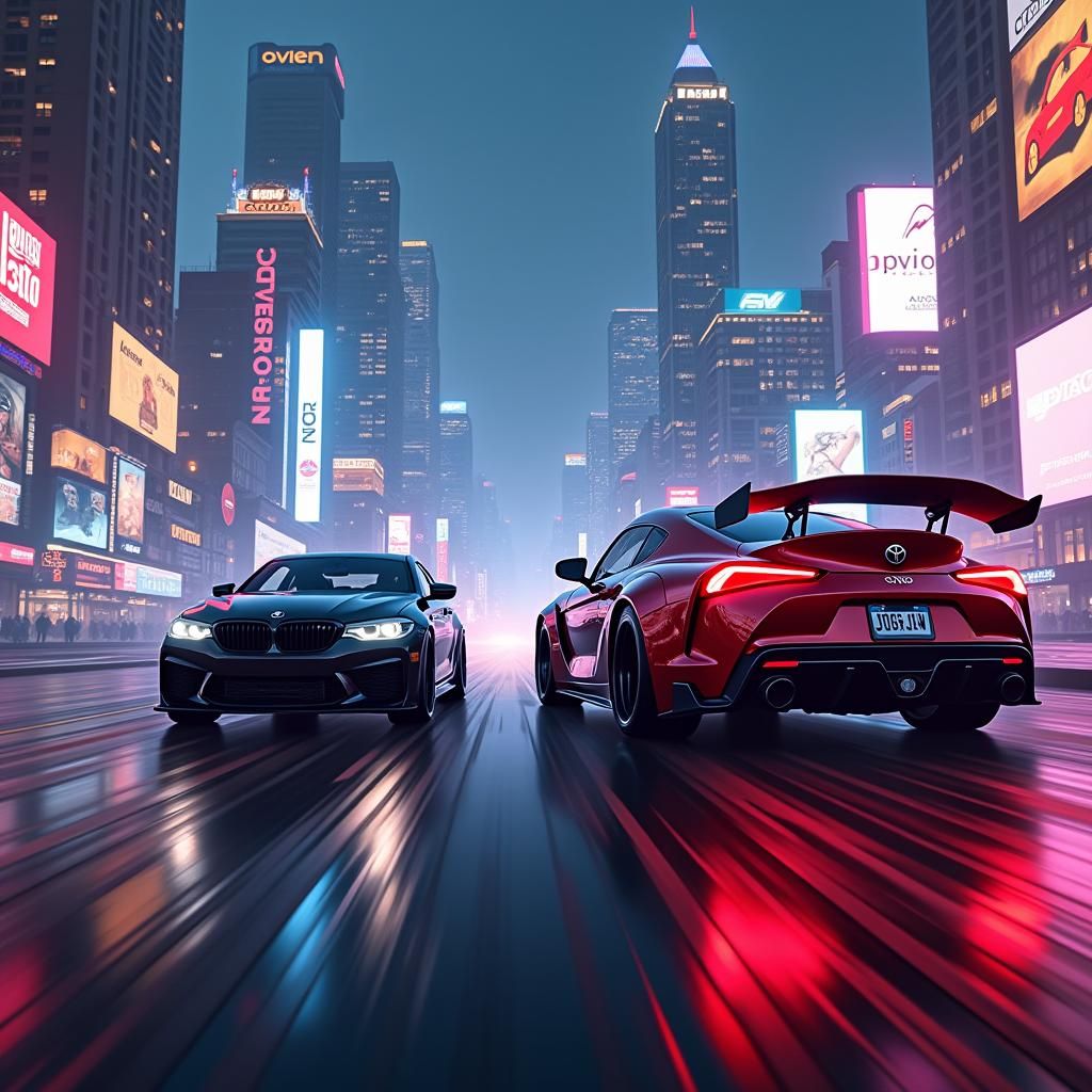 BMW vs Supra Drag Race in Neon Cityscape