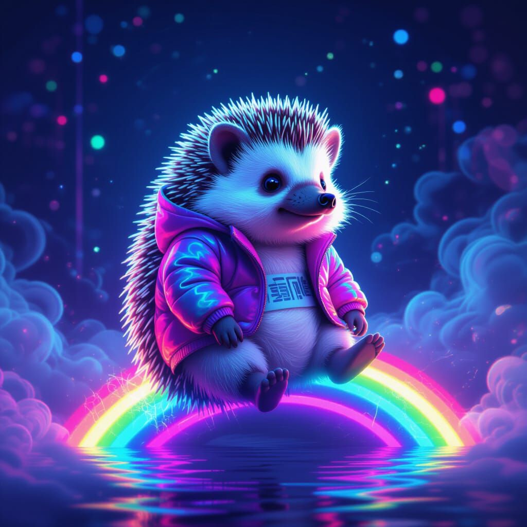 Hedgehog on Rainbow Contemplating Future in Synthwave Style