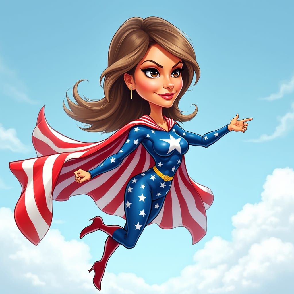 Superhero Caricature Soaring Through Cloudy Sky