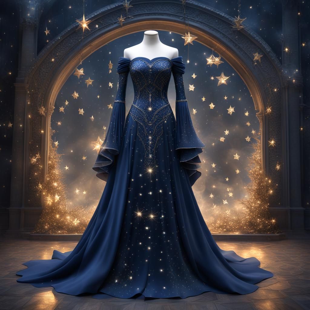 Fantasy Elf Dress with Stars on Dress Form