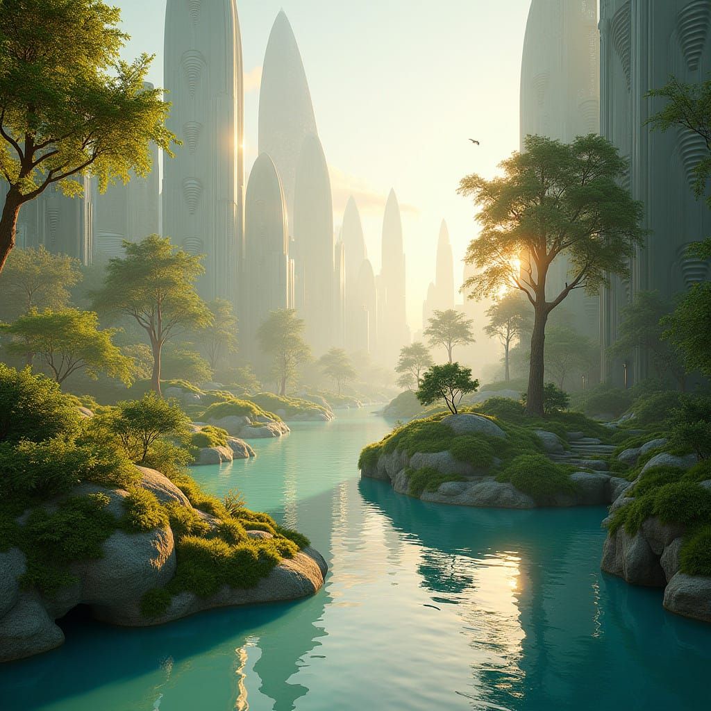 Peaceful Futuristic Cityscape in Soothing Blues and Gold