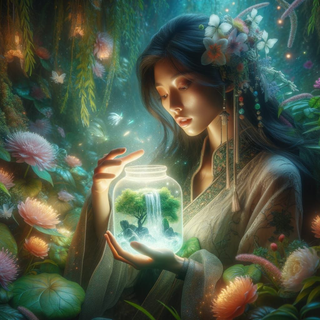 Woman Holding Magical Waterfall Jar Amidst Lush Nature