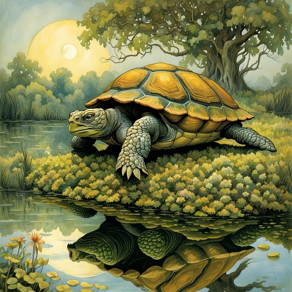 Giant Turtle Sits by Pond, Children's Illustration
