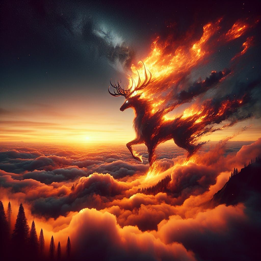Fantastical Magical Reindeer Emerges from Fiery Sunset Sky