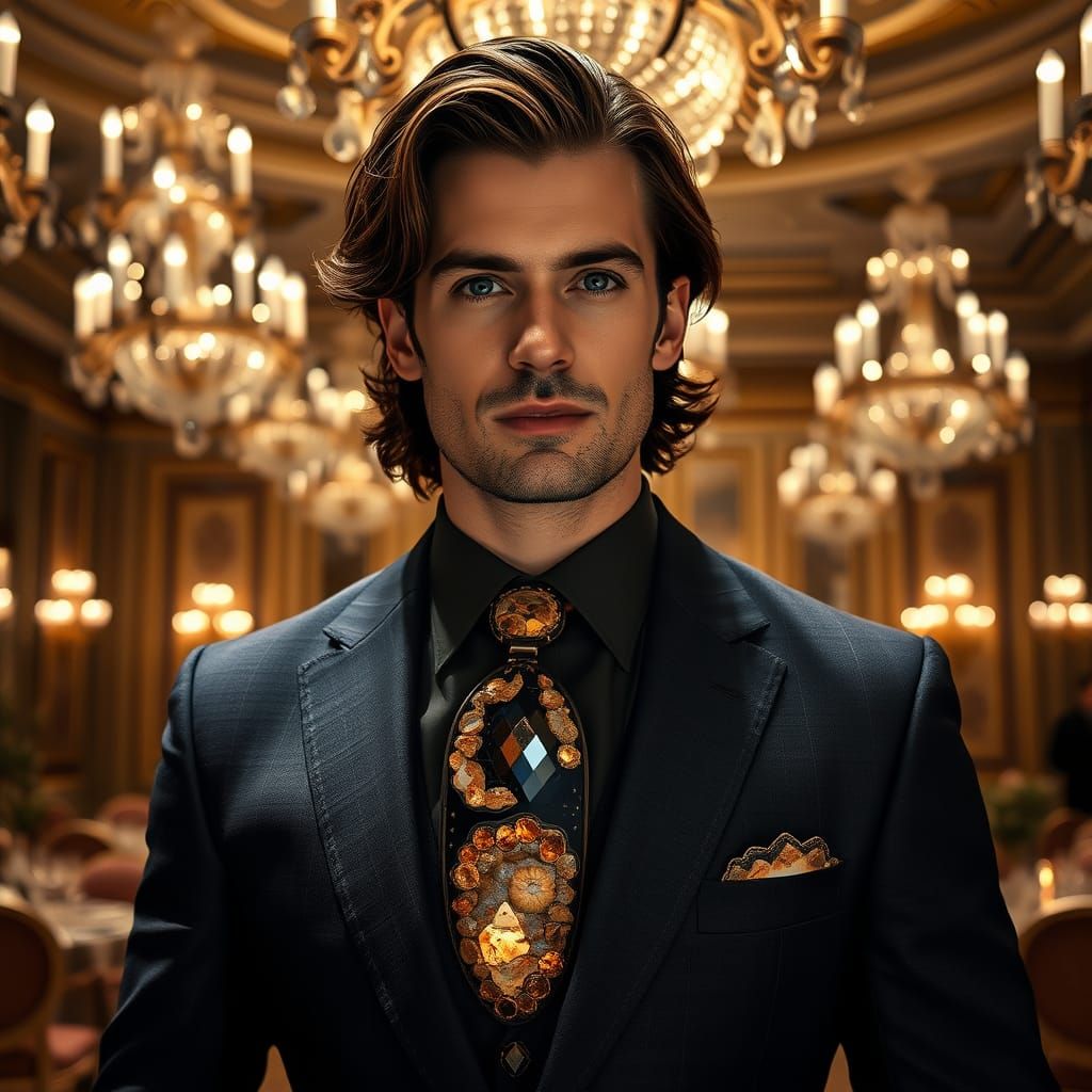 Luxurious Gentleman in Crystal Tie, Grand Ballroom Setting