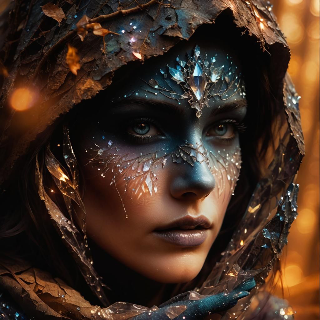 Mystical Woman with Crystal Face in Ethereal Forest