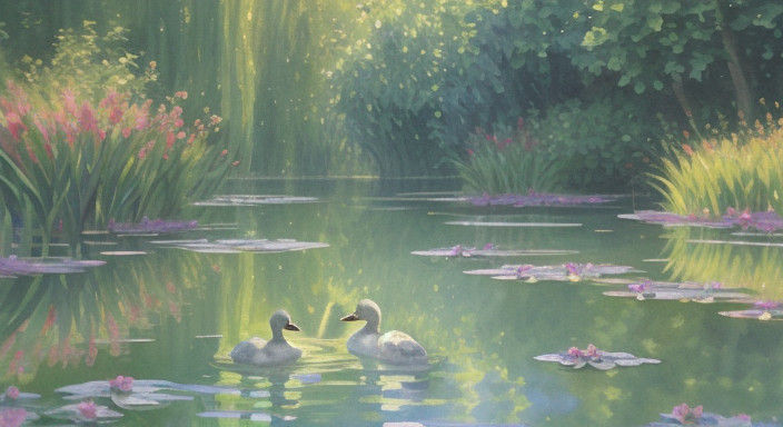 Two Ducks in a Watercolor Pond Scene