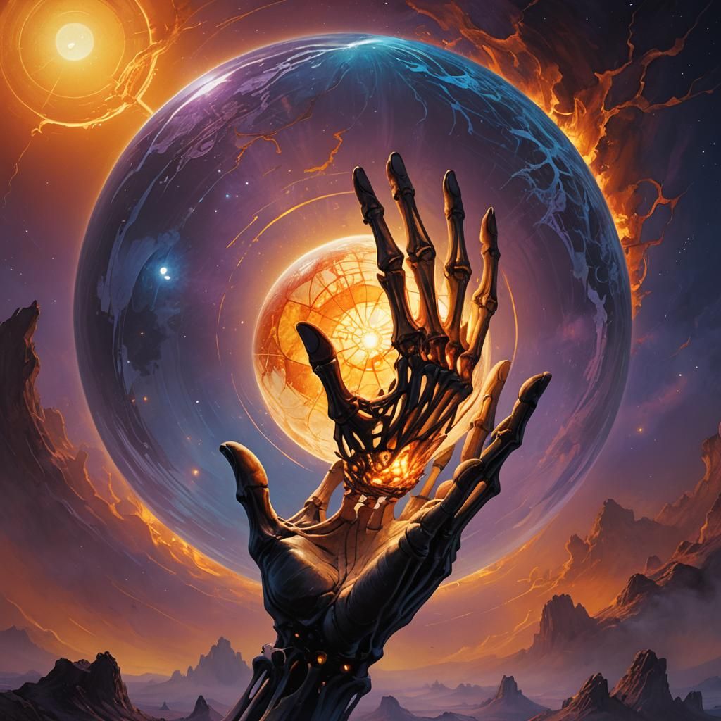 Skeletal Hand Grips Sun in Fantasy Realism