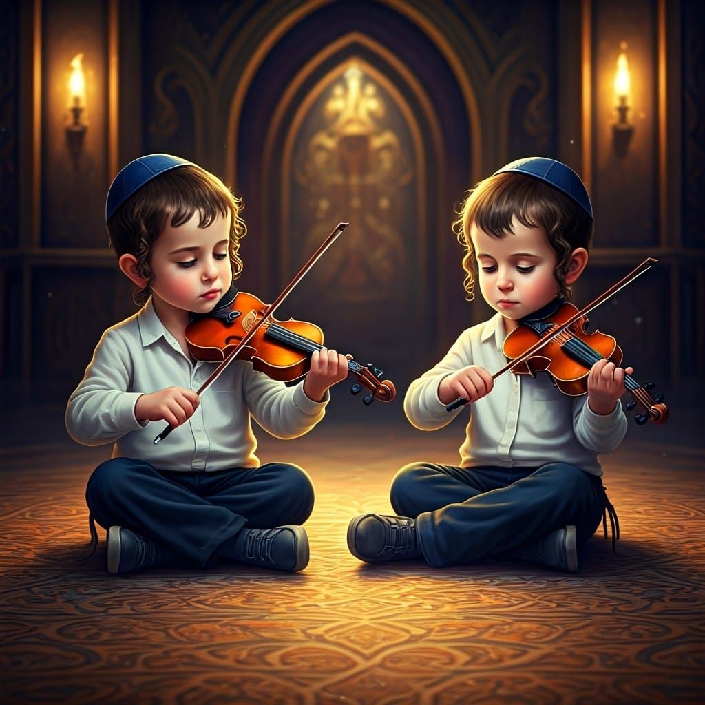 Whimsical Hasidic Children Play Tiny Violins in Vibrant, Mys...