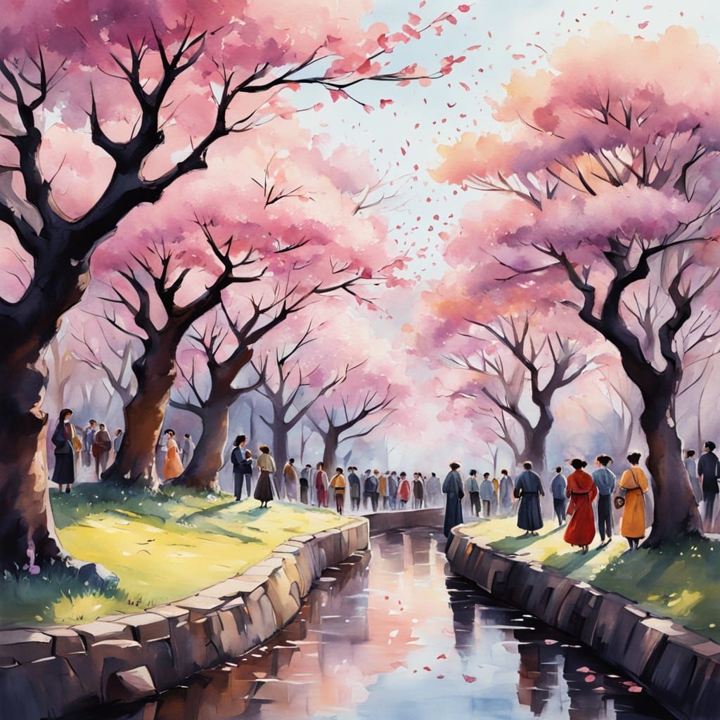 Whimsical Cherry Blossom Festival Scene in Vibrant Watercolo...